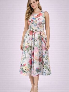 Danny & Nicole Floral Jacquard Midi Dress Belted Fit & Flare Sz 12/14 (20x17x43)